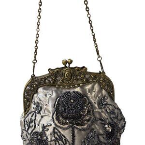 Vintage Silver Beaded Floral Clutch With Antique Brass Frame & Chain Handle